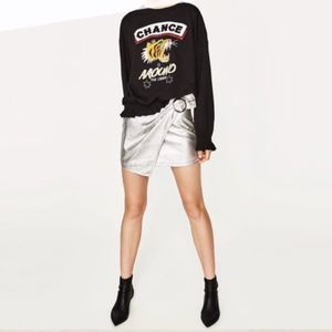 NEW Zara mini crushed Silver faux leather skirt